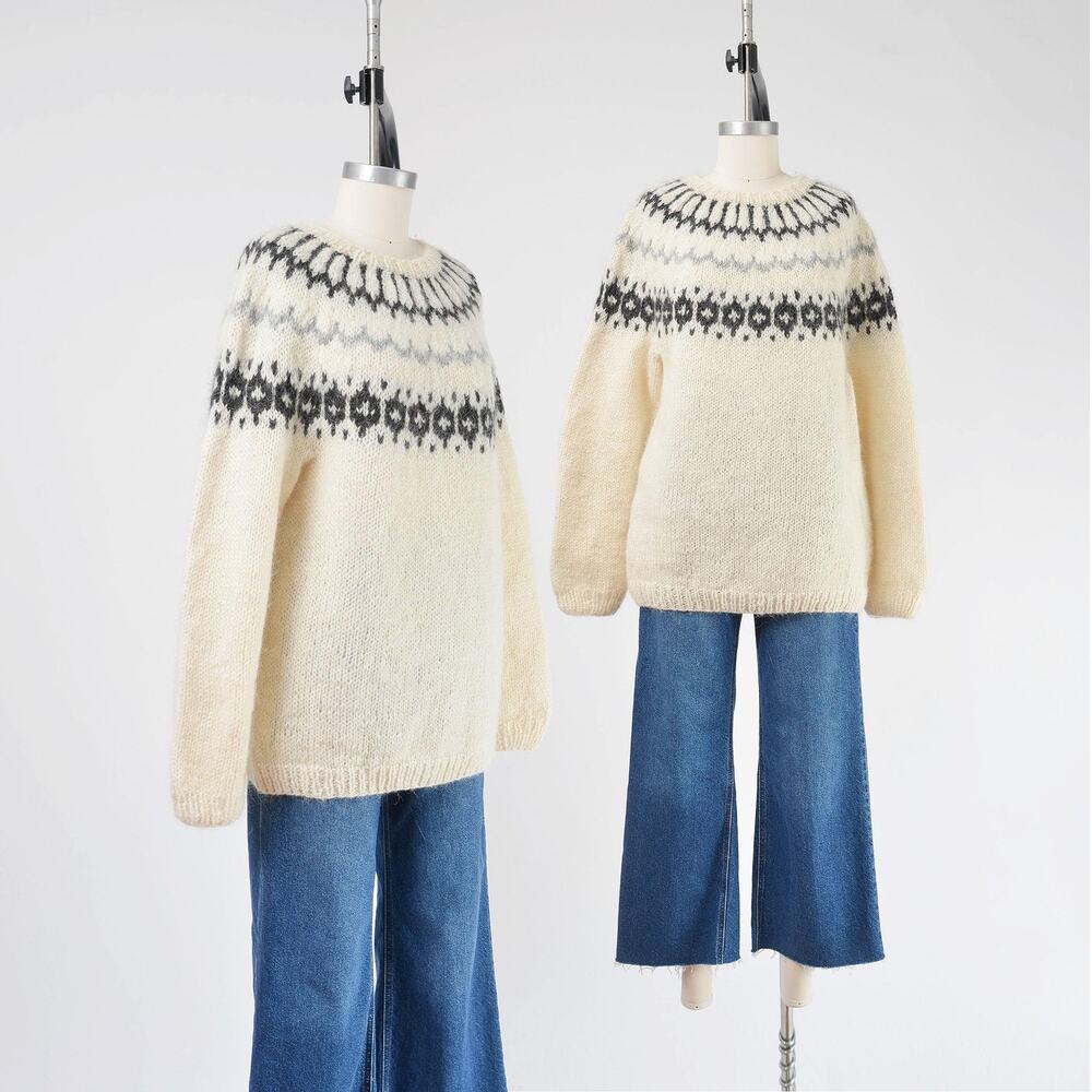 Vintage Fair Isle Sweater Hand Knit Ivory Wool Mohair Nordic Pullover Medium